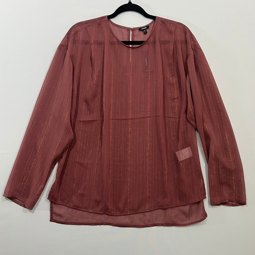 Express Blouse Sheer Metallic Pinstripe Shimmer Mauve Pink‎ Womens Large NWT